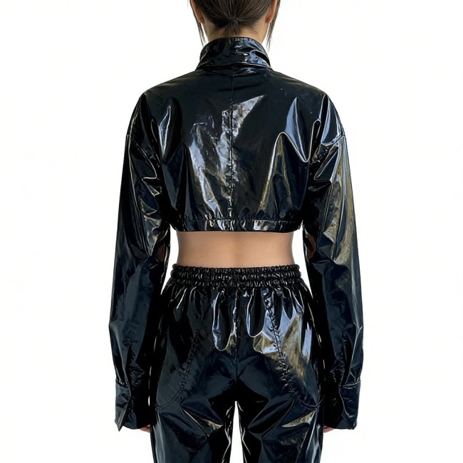 Women's PVC Cropped Jacket Stand Collar Long Sleeves Detachable Tie High Street Tops Gothic Punk Female Blouse Rave Streetwear