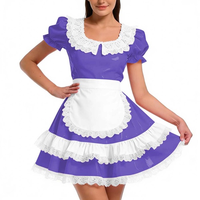Shiny PVC Ruffles French Maid Dress with Apron Sweet Lolita Cosplay Costume for Halloween Crossdressers Smooth Party Maid Outfit