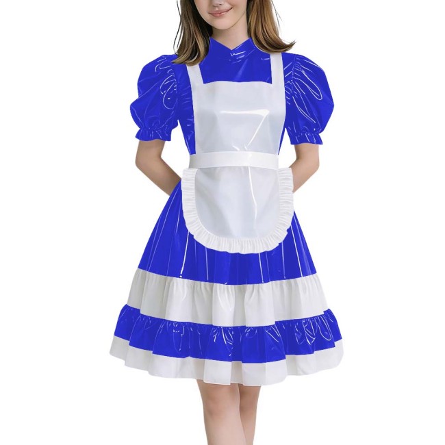 Crossdressers Glossy PVC Maid Dress Sets Puff Short Sleeves Patchwork Pleated Maid Dress with Cross Back Straps Lolita Cosplay