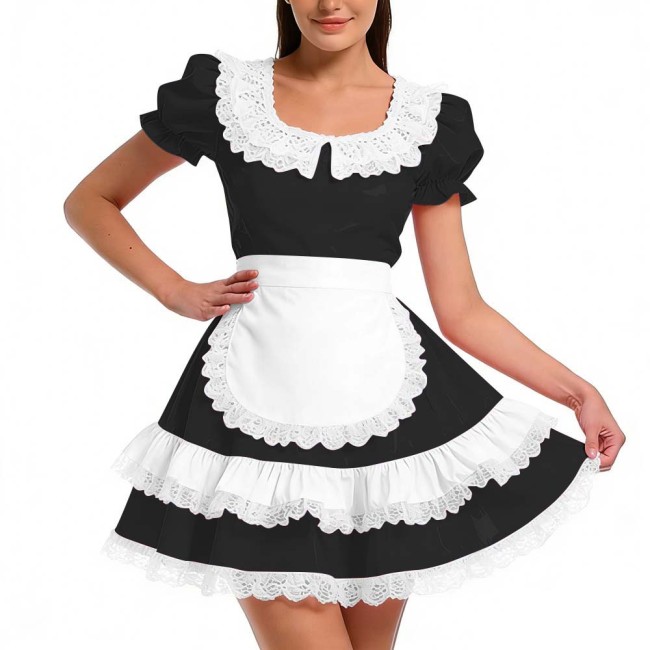 Shiny PVC Ruffles French Maid Dress with Apron Sweet Lolita Cosplay Costume for Halloween Crossdressers Smooth Party Maid Outfit