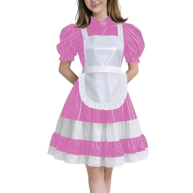 Crossdressers Glossy PVC Maid Dress Sets Puff Short Sleeves Patchwork Pleated Maid Dress with Cross Back Straps Lolita Cosplay