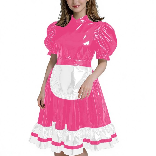 Women's Glossy Patent Leather French Maid Dress with Apron Lace Ruffle Trim Gothic Lolita Style Back Zipper Cosplay Party Outfit