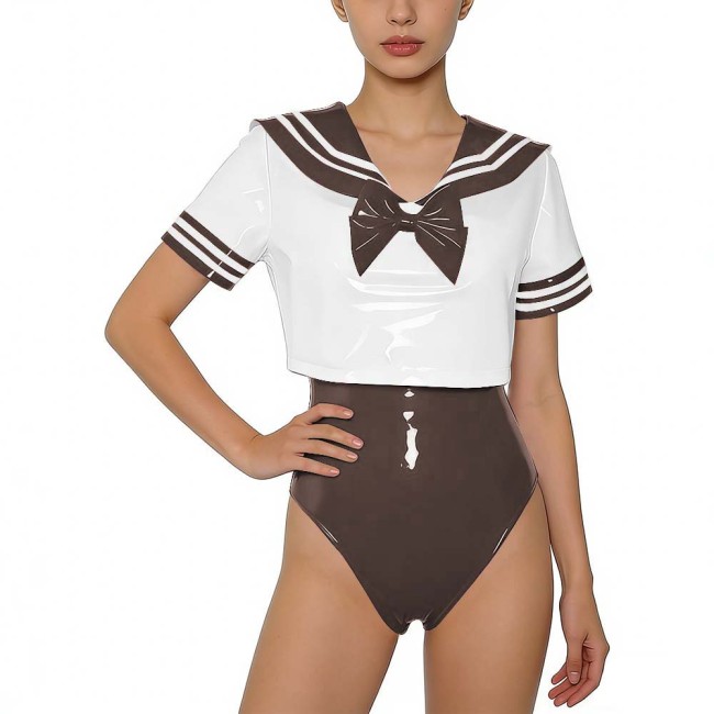 Women PVC Leather Two-piece Set Wetlook Sailor Collar Bow Crop Top with Bodysuit Sissy Party Cosplay Costume Glossy Anime Fans