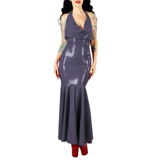 Women's Sexy PVC V-neck Mermaid Party Dress Vinyl Backless Halter Fetish Maxi Dress Glossy Wetlook Flared Hem Hip-hugging Dress