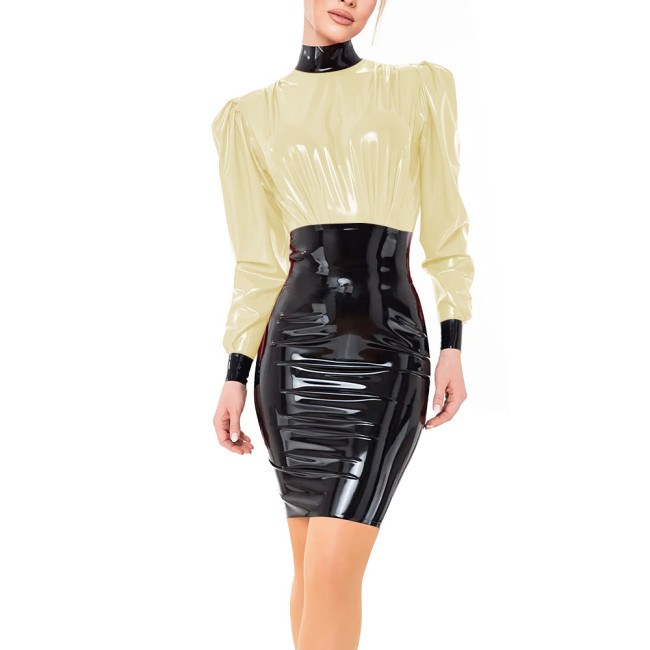 PVC Vinyl Leather Long Sleeve Elegant Mini Dress Ladies Fashion Patchwork Sheath Short Dress High Neck Vestidos Womens Clubwear