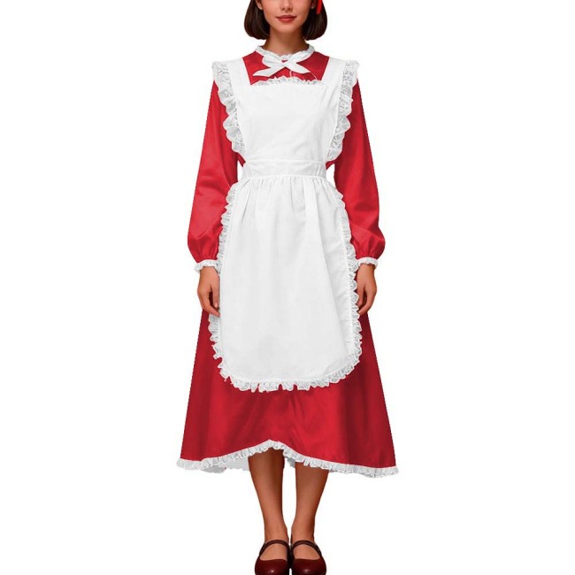 Crossdresser Halloween Vintage Satin Maid Uniform Long Sleeve Party Fancy Dress with Lace Apron Sissy French Maid Cosplay Outfit