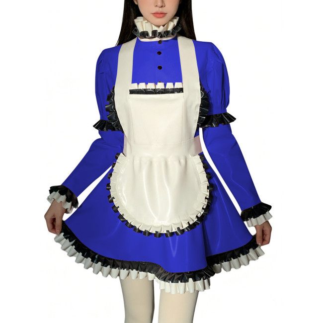 Halloween Role Play Sweet Maid Uniform Shiny PVC High Ruffled Collar Lolita Dress with Apron Crossdresser Cosplay Maid Outfits
