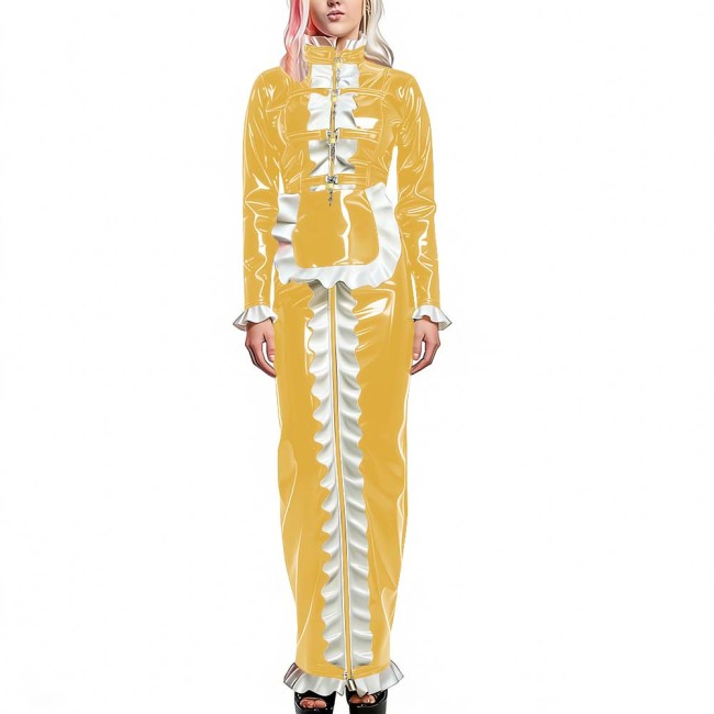 Sissy Bodycon Lockable Maid Outfit PVC Glossy Leather Gothic Apron Long Pencil Dress with Ruffle Trim Halloween Party Cosplay