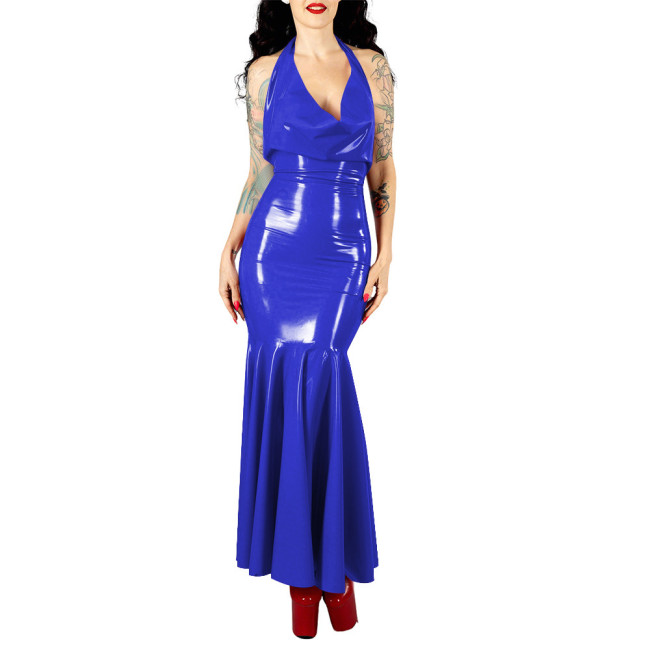 Women's Sexy PVC V-neck Mermaid Party Dress Vinyl Backless Halter Fetish Maxi Dress Glossy Wetlook Flared Hem Hip-hugging Dress