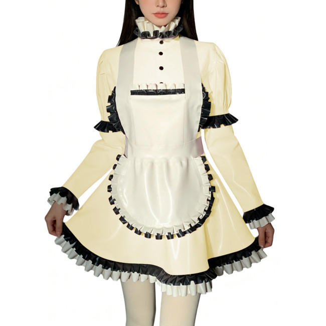 Halloween Role Play Sweet Maid Uniform Shiny PVC High Ruffled Collar Lolita Dress with Apron Crossdresser Cosplay Maid Outfits