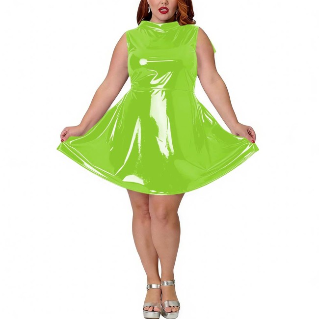 Plus Size Party PVC Shiny Fashion Mini Dress Wetlook Sleeveless Sexy A-Line Dress with Back Bow Womens Tank Vestidos Clubwear