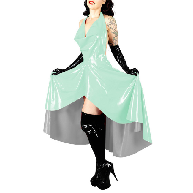Women's Shiny PVC Leather Evening Party Sexy Dress High Low Flared Halter Collar Backless Long Dress Wetlook Mistress Vestidos