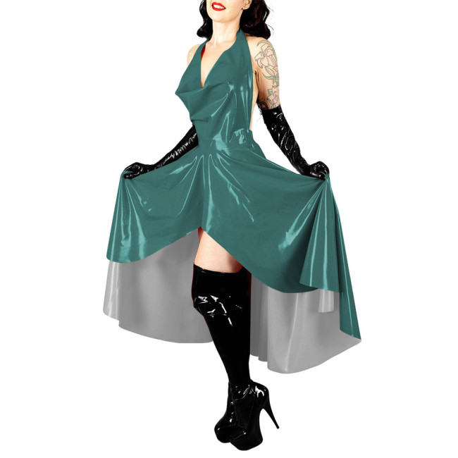 Women's Shiny PVC Leather Evening Party Sexy Dress High Low Flared Halter Collar Backless Long Dress Wetlook Mistress Vestidos