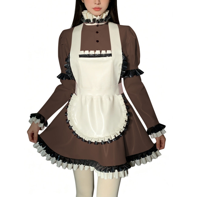 Halloween Role Play Sweet Maid Uniform Shiny PVC High Ruffled Collar Lolita Dress with Apron Crossdresser Cosplay Maid Outfits