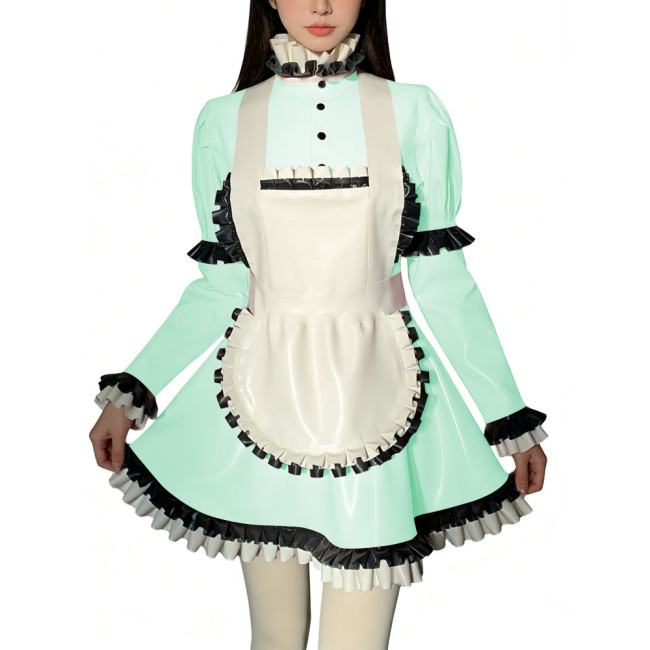 Halloween Role Play Sweet Maid Uniform Shiny PVC High Ruffled Collar Lolita Dress with Apron Crossdresser Cosplay Maid Outfits