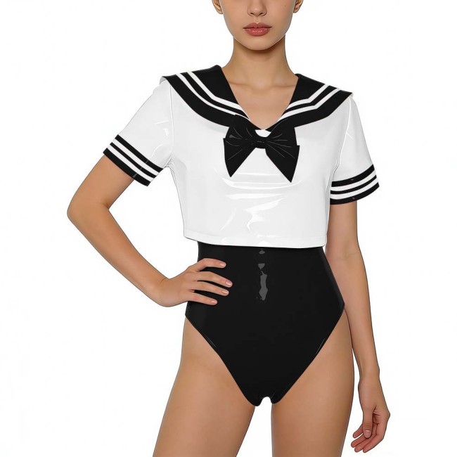 Women PVC Leather Two-piece Set Wetlook Sailor Collar Bow Crop Top with Bodysuit Sissy Party Cosplay Costume Glossy Anime Fans
