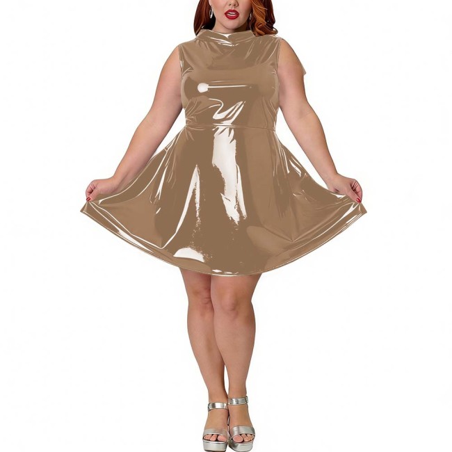 Plus Size Party PVC Shiny Fashion Mini Dress Wetlook Sleeveless Sexy A-Line Dress with Back Bow Womens Tank Vestidos Clubwear