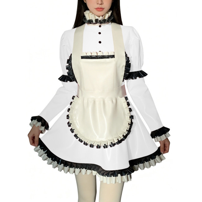 Halloween Role Play Sweet Maid Uniform Shiny PVC High Ruffled Collar Lolita Dress with Apron Crossdresser Cosplay Maid Outfits