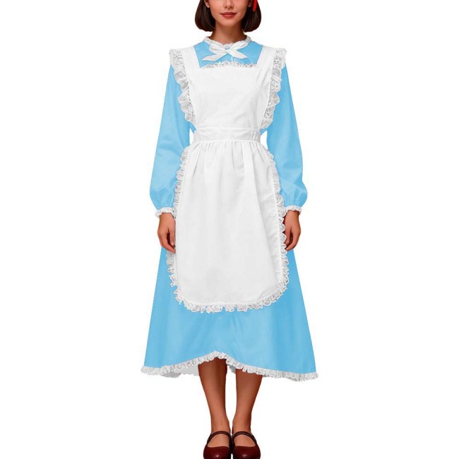 Crossdresser Halloween Vintage Satin Maid Uniform Long Sleeve Party Fancy Dress with Lace Apron Sissy French Maid Cosplay Outfit