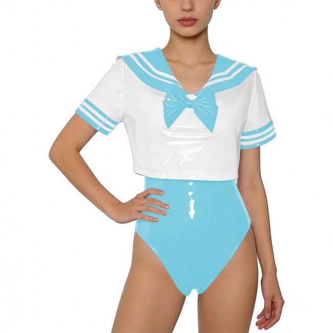 Women PVC Leather Two-piece Set Wetlook Sailor Collar Bow Crop Top with Bodysuit Sissy Party Cosplay Costume Glossy Anime Fans