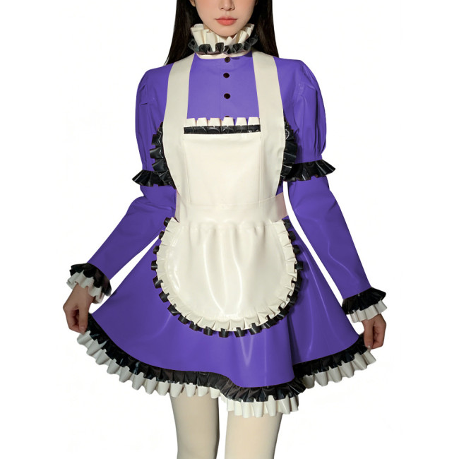 Halloween Role Play Sweet Maid Uniform Shiny PVC High Ruffled Collar Lolita Dress with Apron Crossdresser Cosplay Maid Outfits