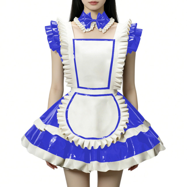 Fetish Cross-dresser Lolita Maid Uniforms Wetlook PVC Leather Party Sleeveless Pleated Maid Dress with Apron Halloween Cosplay