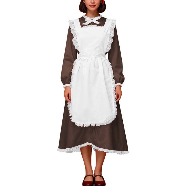 Crossdresser Halloween Vintage Satin Maid Uniform Long Sleeve Party Fancy Dress with Lace Apron Sissy French Maid Cosplay Outfit