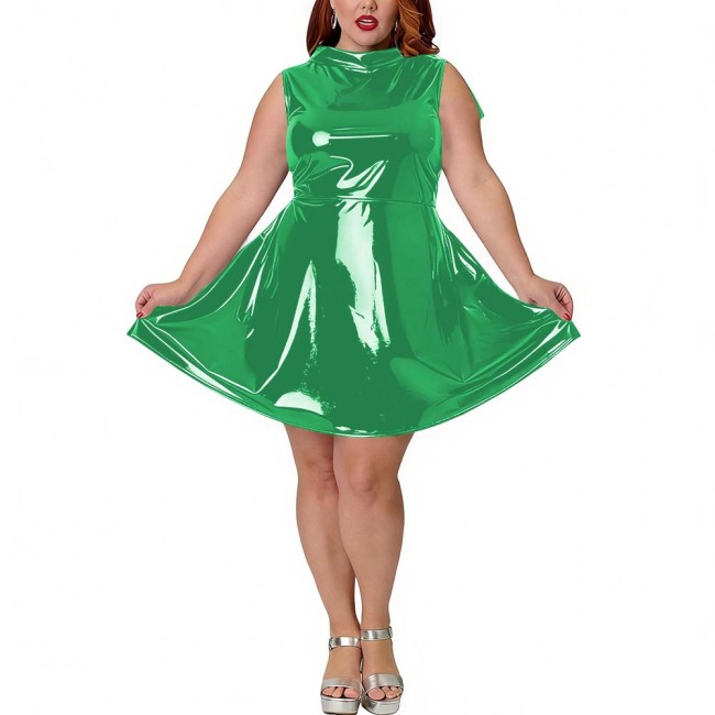 Plus Size Party PVC Shiny Fashion Mini Dress Wetlook Sleeveless Sexy A-Line Dress with Back Bow Womens Tank Vestidos Clubwear