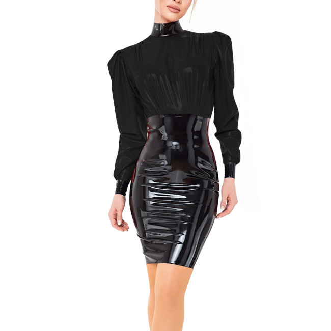 PVC Vinyl Leather Long Sleeve Elegant Mini Dress Ladies Fashion Patchwork Sheath Short Dress High Neck Vestidos Womens Clubwear