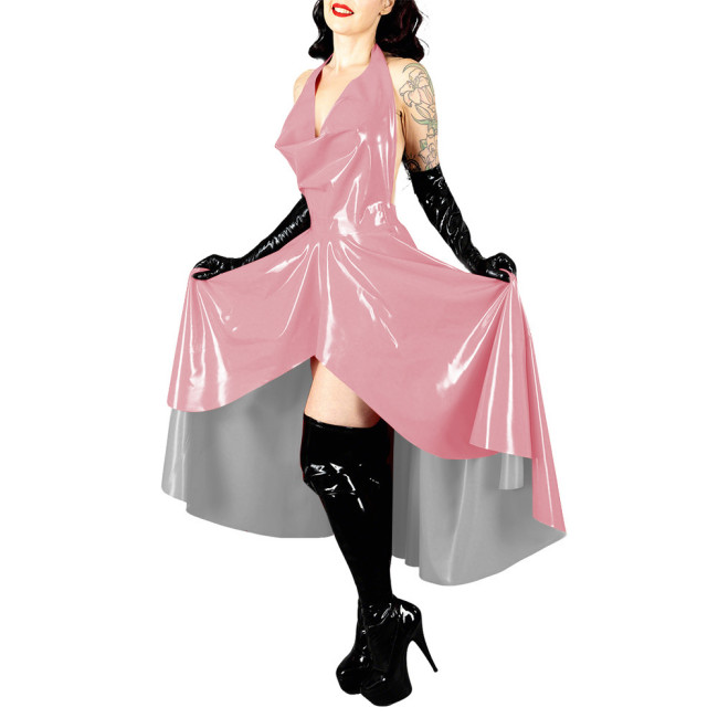 Women's Shiny PVC Leather Evening Party Sexy Dress High Low Flared Halter Collar Backless Long Dress Wetlook Mistress Vestidos