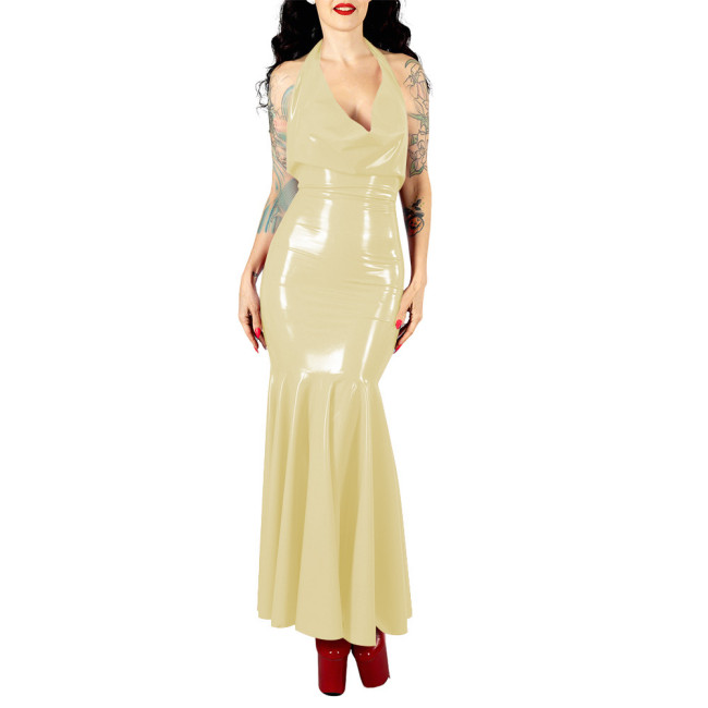 Women's Sexy PVC V-neck Mermaid Party Dress Vinyl Backless Halter Fetish Maxi Dress Glossy Wetlook Flared Hem Hip-hugging Dress