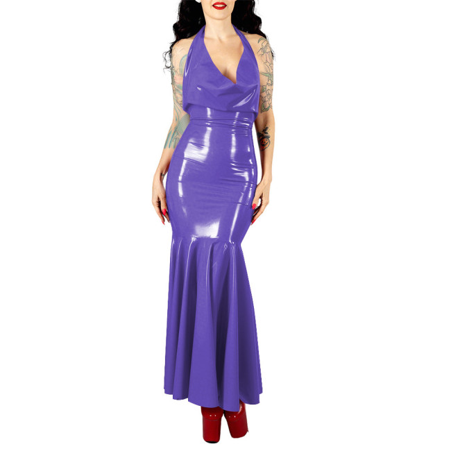 Women's Sexy PVC V-neck Mermaid Party Dress Vinyl Backless Halter Fetish Maxi Dress Glossy Wetlook Flared Hem Hip-hugging Dress