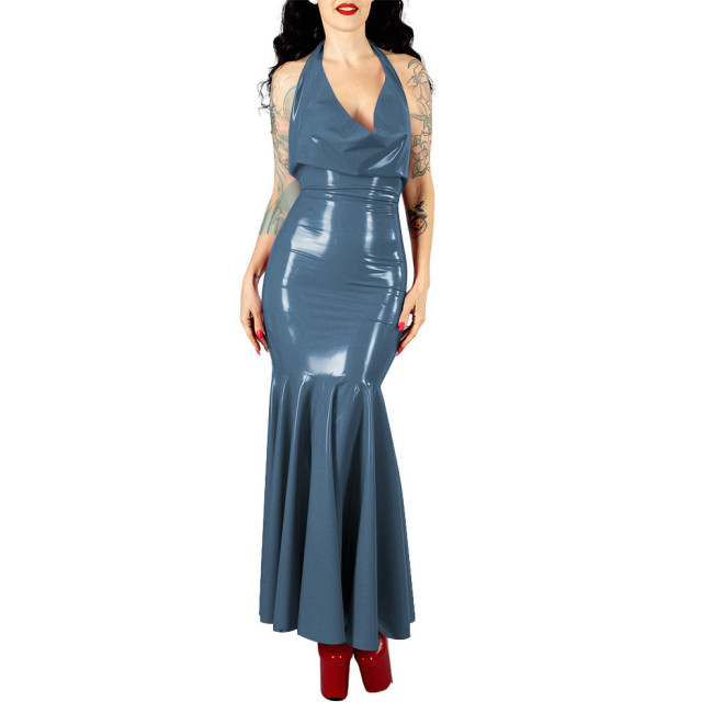 Women's Sexy PVC V-neck Mermaid Party Dress Vinyl Backless Halter Fetish Maxi Dress Glossy Wetlook Flared Hem Hip-hugging Dress