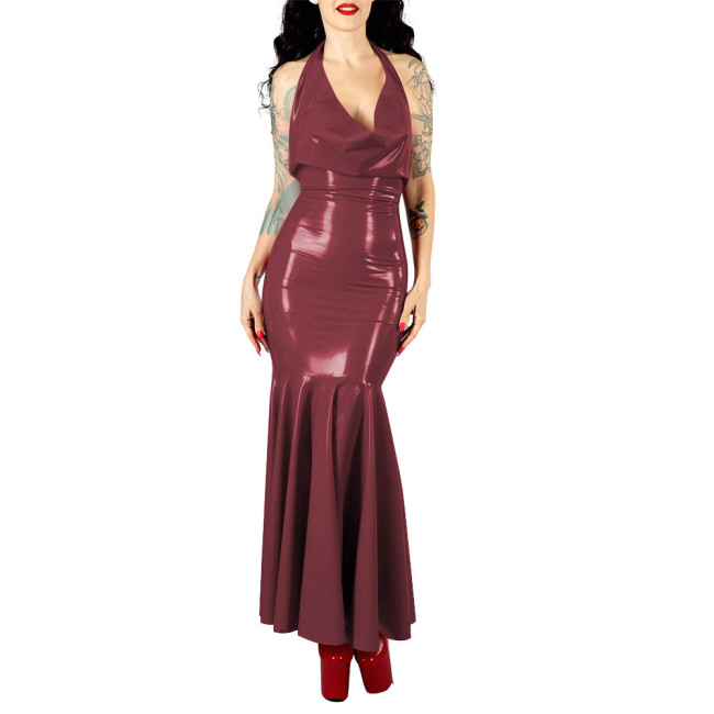 Women's Sexy PVC V-neck Mermaid Party Dress Vinyl Backless Halter Fetish Maxi Dress Glossy Wetlook Flared Hem Hip-hugging Dress