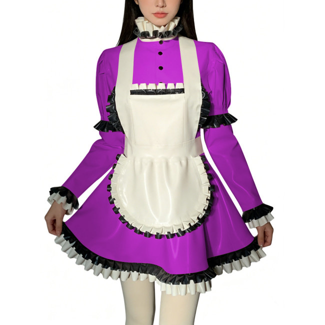 Halloween Role Play Sweet Maid Uniform Shiny PVC High Ruffled Collar Lolita Dress with Apron Crossdresser Cosplay Maid Outfits