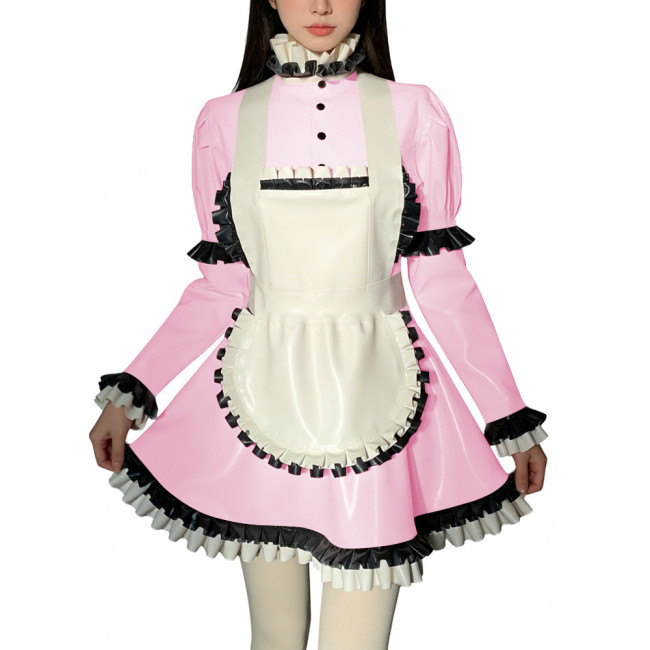 Halloween Role Play Sweet Maid Uniform Shiny PVC High Ruffled Collar Lolita Dress with Apron Crossdresser Cosplay Maid Outfits