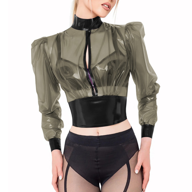 Transparent PVC Crop Tops Wetlook Fetish Plastic Long Sleeves Fetish Tops High Neck Nightclub See-Through Blouses Party Outfits