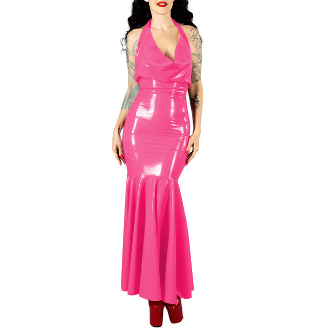 Women's Sexy PVC V-neck Mermaid Party Dress Vinyl Backless Halter Fetish Maxi Dress Glossy Wetlook Flared Hem Hip-hugging Dress
