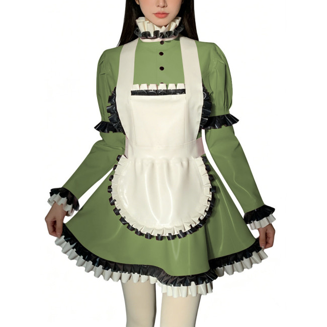 Halloween Role Play Sweet Maid Uniform Shiny PVC High Ruffled Collar Lolita Dress with Apron Crossdresser Cosplay Maid Outfits