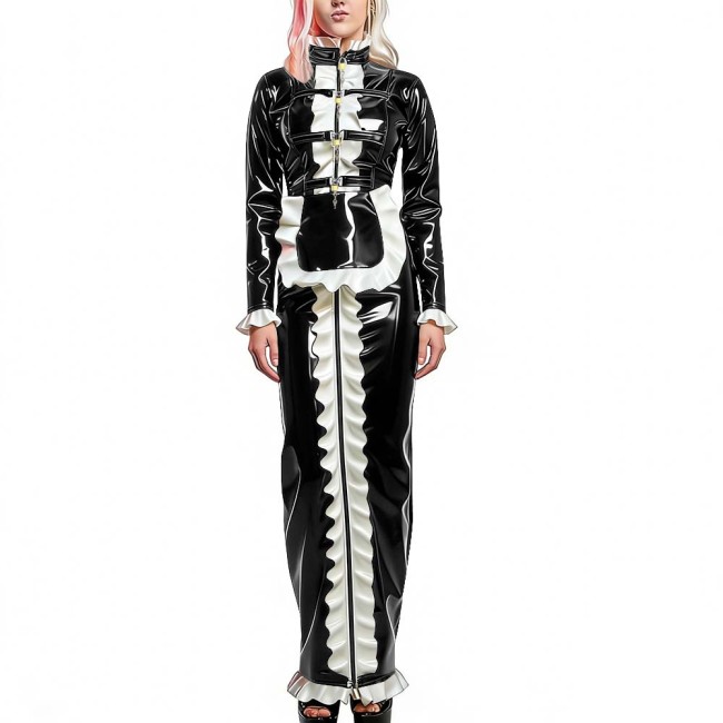 Sissy Bodycon Lockable Maid Outfit PVC Glossy Leather Gothic Apron Long Pencil Dress with Ruffle Trim Halloween Party Cosplay