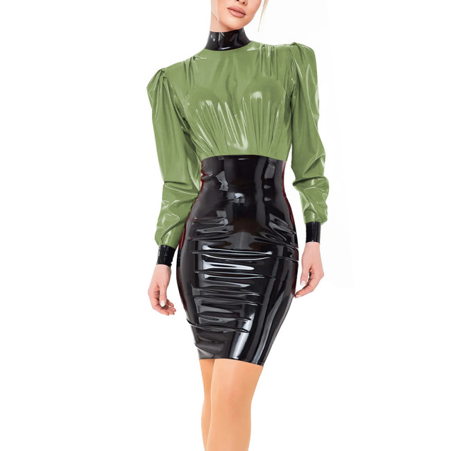 PVC Vinyl Leather Long Sleeve Elegant Mini Dress Ladies Fashion Patchwork Sheath Short Dress High Neck Vestidos Womens Clubwear