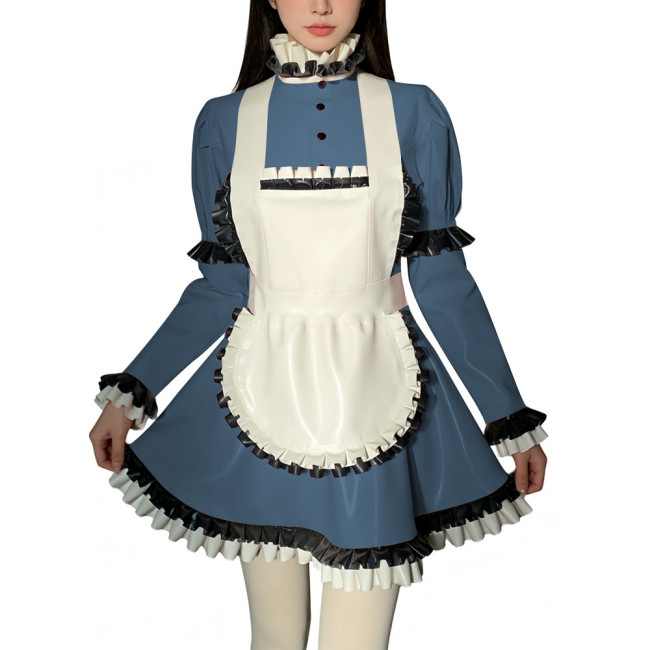 Halloween Role Play Sweet Maid Uniform Shiny PVC High Ruffled Collar Lolita Dress with Apron Crossdresser Cosplay Maid Outfits