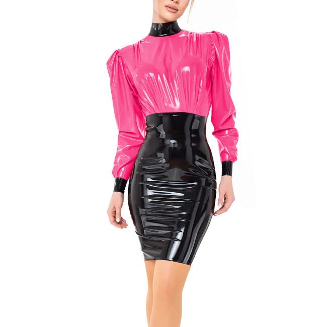PVC Vinyl Leather Long Sleeve Elegant Mini Dress Ladies Fashion Patchwork Sheath Short Dress High Neck Vestidos Womens Clubwear
