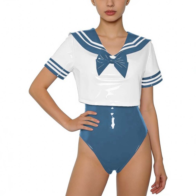 Women PVC Leather Two-piece Set Wetlook Sailor Collar Bow Crop Top with Bodysuit Sissy Party Cosplay Costume Glossy Anime Fans