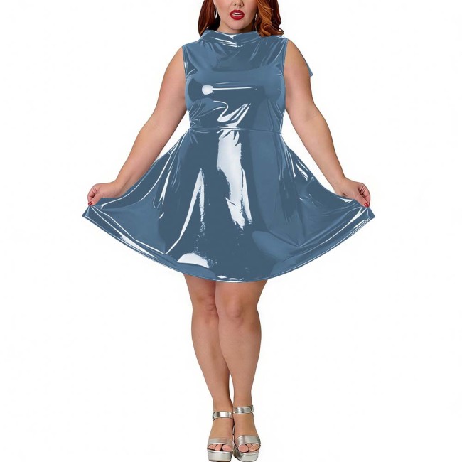 Plus Size Party PVC Shiny Fashion Mini Dress Wetlook Sleeveless Sexy A-Line Dress with Back Bow Womens Tank Vestidos Clubwear