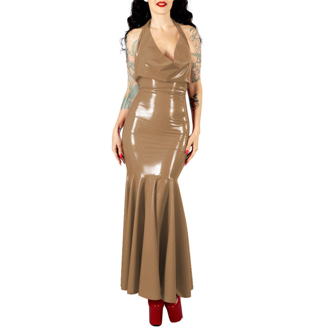 Women's Sexy PVC V-neck Mermaid Party Dress Vinyl Backless Halter Fetish Maxi Dress Glossy Wetlook Flared Hem Hip-hugging Dress