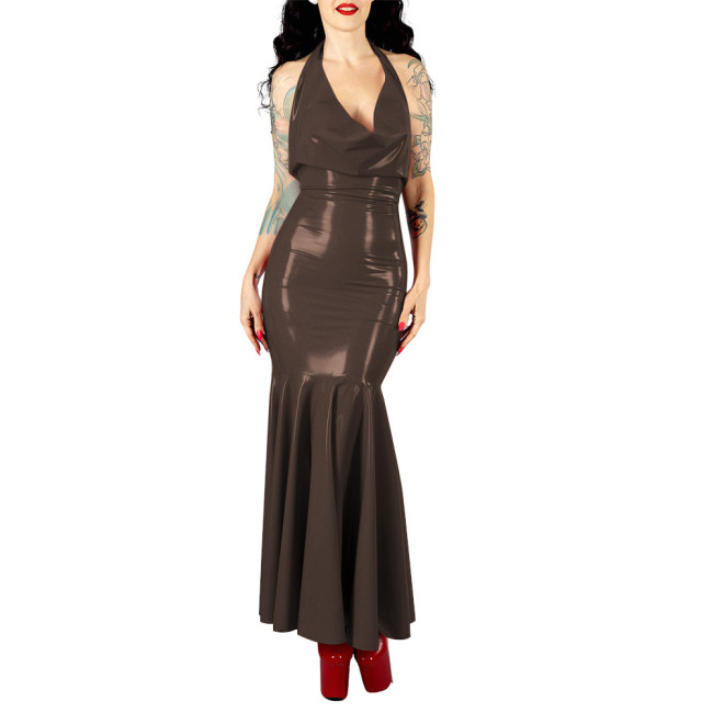 Women's Sexy PVC V-neck Mermaid Party Dress Vinyl Backless Halter Fetish Maxi Dress Glossy Wetlook Flared Hem Hip-hugging Dress