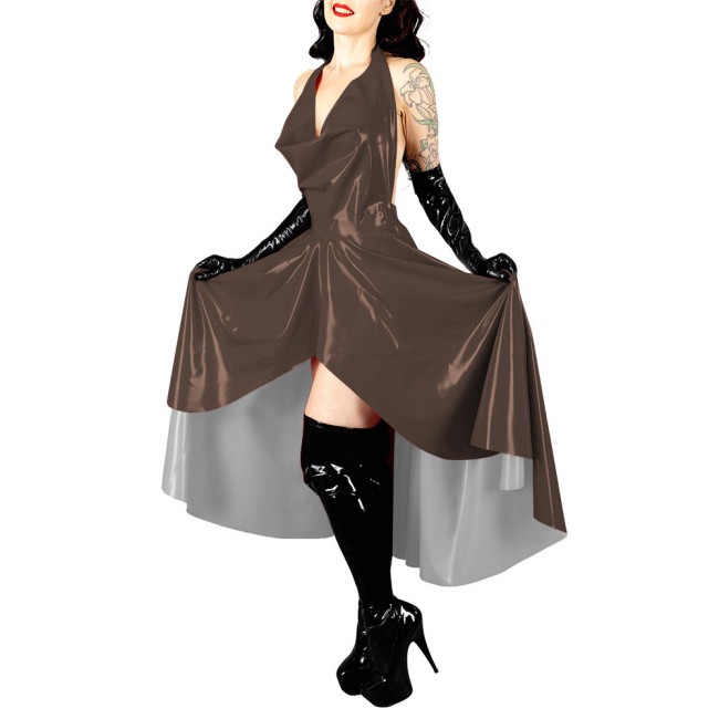 Women's Shiny PVC Leather Evening Party Sexy Dress High Low Flared Halter Collar Backless Long Dress Wetlook Mistress Vestidos