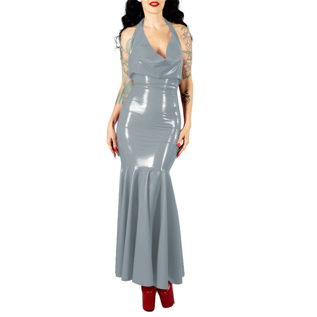 Women's Sexy PVC V-neck Mermaid Party Dress Vinyl Backless Halter Fetish Maxi Dress Glossy Wetlook Flared Hem Hip-hugging Dress