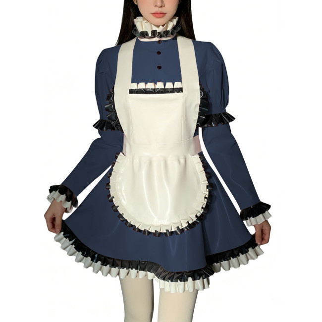 Halloween Role Play Sweet Maid Uniform Shiny PVC High Ruffled Collar Lolita Dress with Apron Crossdresser Cosplay Maid Outfits